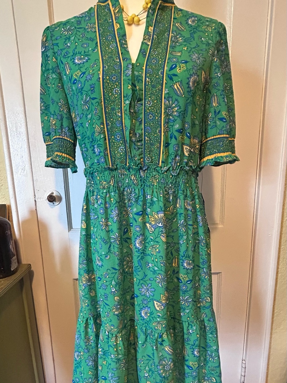 Maggy London Green Floral Midi Dress with Smocked Waist and Ruffle Trim
